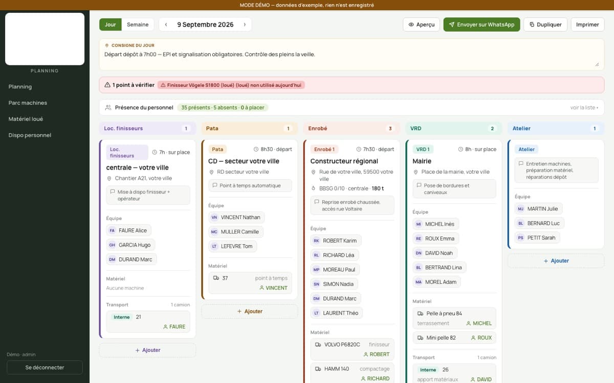 Le planning du jour dans l'application métier d'un client, données d'exemple