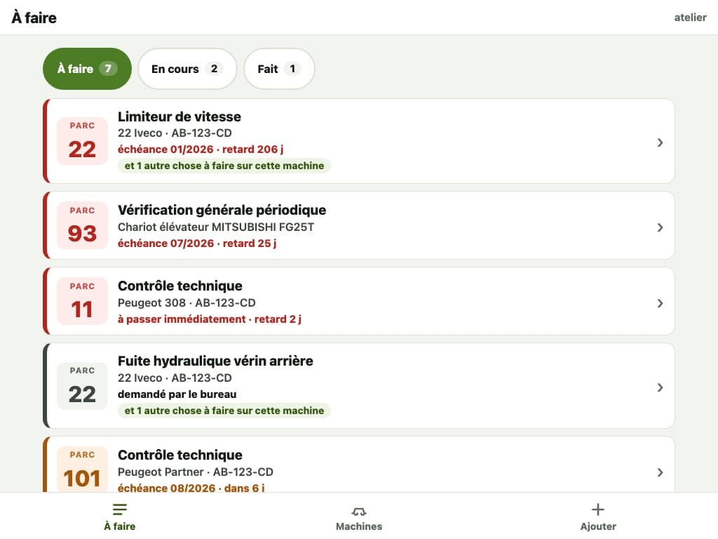 La saisie d'une intervention sur tablette, à l'atelier, données d'exemple