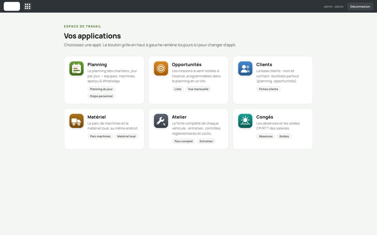 Le menu de l'espace de travail du client, six modules, données d'exemple